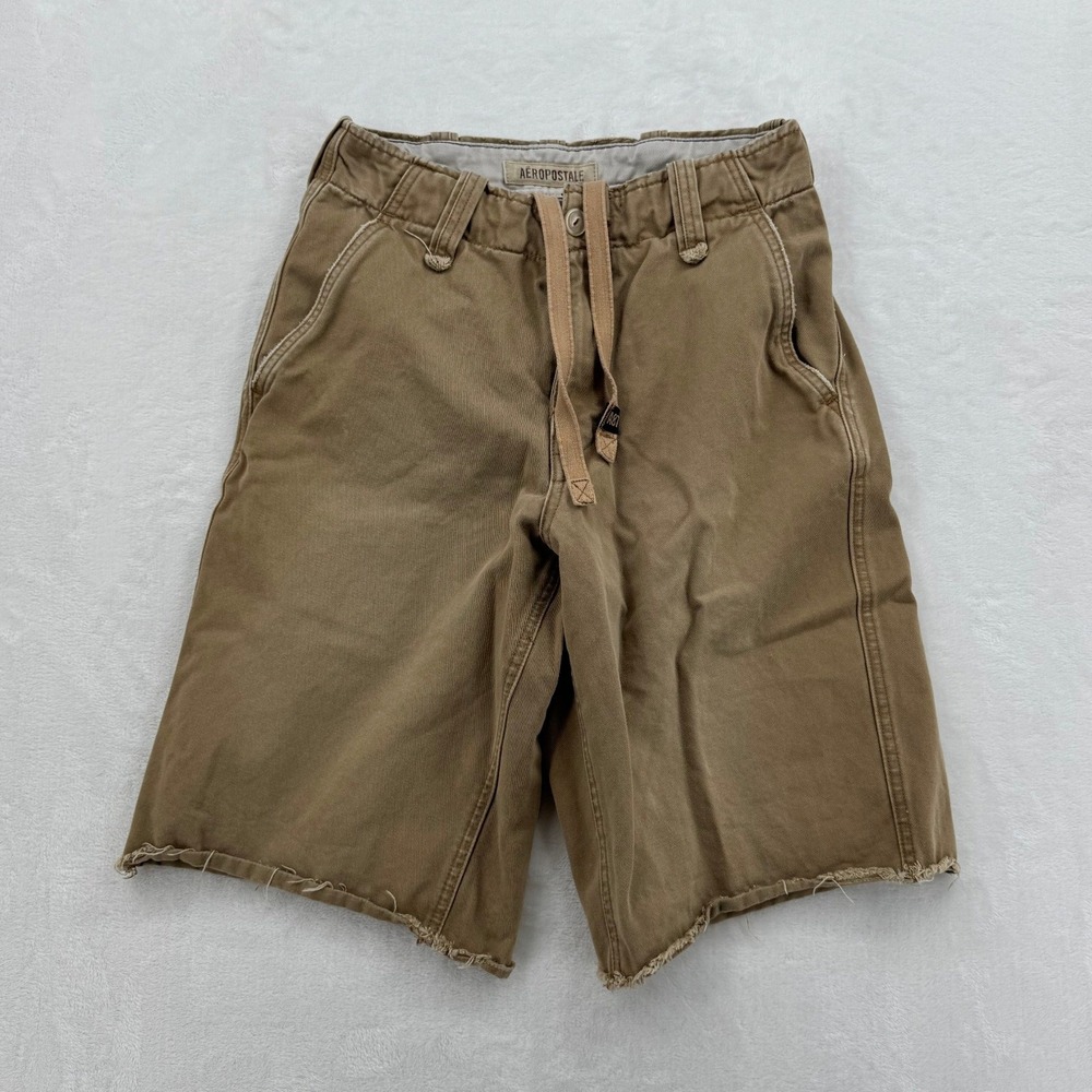 Boys Aeropostale Tan Brown Cotton Twill Frayed Hem Drawstring Shorts Size 27
